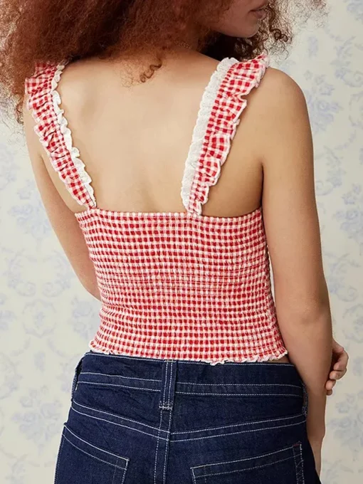 kf S4b9d61d77b2742f8ac34f3442418e0f40 Summer Women Gingham Tank Top Y2k Lace Trim Cami Top Sleeveless Plaid Camisole Coquette Shirts Smocked