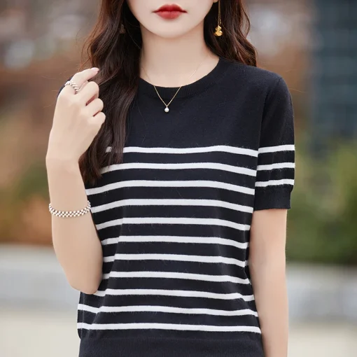 kf S4c1392092c40433ead9d228d003528a2Q Women s 100 Merino wool top round neck O neck striped sweater short sleeve T shirt