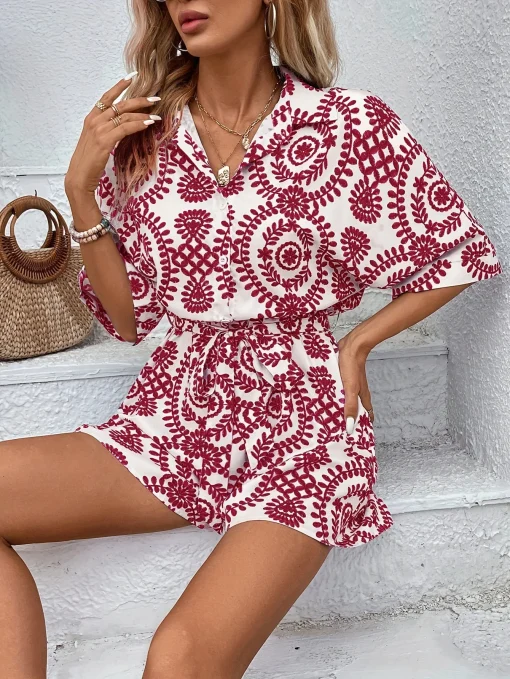 Women's Print Shirt Jumpsuit Summer Fashion Button Batwing Sleeve Boho Rompers Women Casual Loose Lace Up Playsuit Ladies - Image 6