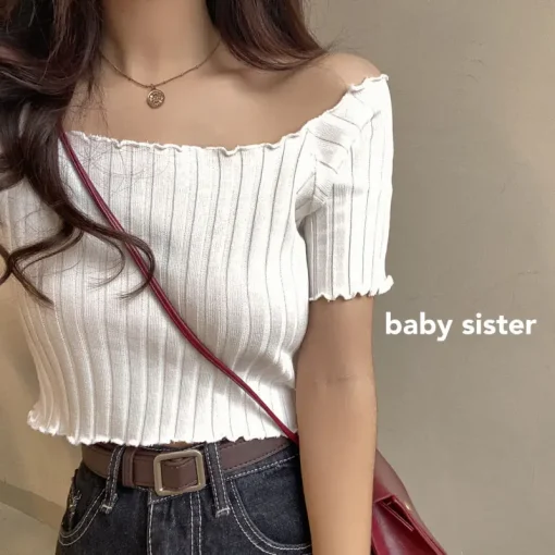 kf S4d66c97e53d4419cab73665ab968d3a82 Off The Shoulder Top Women Knitted Sexy Short Sleeve Slim Fit T Shirts Crop Top Y2k