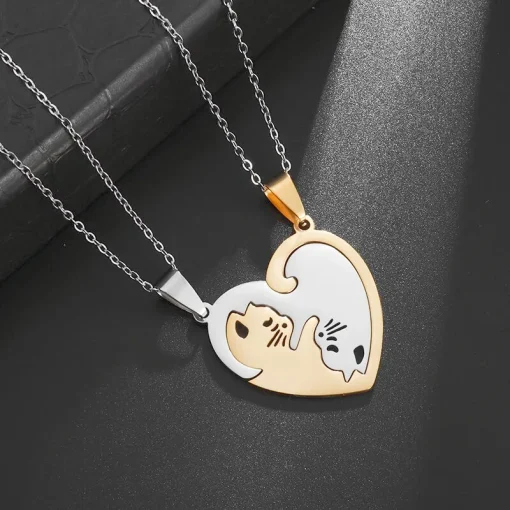 kf S4d88e4eaf1524db4a9a7deafa5d3e8ae5 Hot Hug Love Pet Cat Pairing Couple Necklace Fashion Stainless Steel Men Women Best Friend Bff