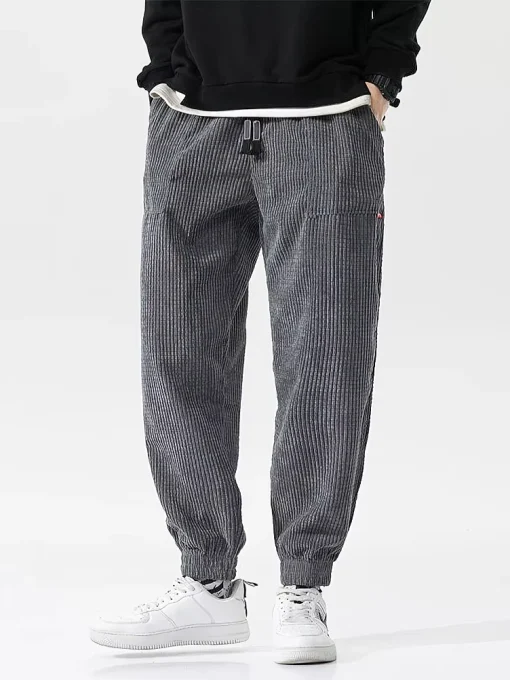 Men's Baggy Corduroy Sweatpants – Solid Color, Casual Joggers with Tech Fleece Lining for Autumn/Winter - Image 4