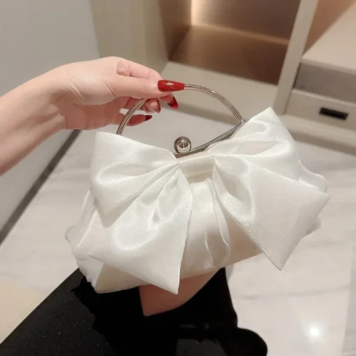 kf S4e07af1f789a422c9a594e2c2841ef7az White Satin Bow Fairy Evening Bags Clutch Metal Handle Handbags for Women Wedding Party Bridal Clutches