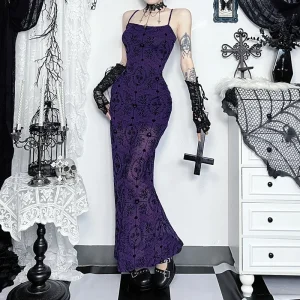 Vintage Elegant Purple Flocking Dress Women Dark Gothic Aesthetic Strapless Bodycon Dress Sexy Evening Party Dress Femme