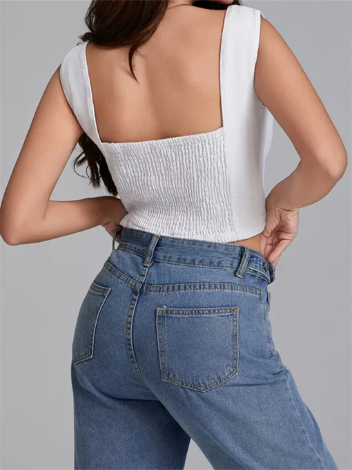 kf S50325b37bd12411094071df9d3ff4cce8 Women s Denim Tank Tops Slim Fit Square Neck Backless Back Shirred Sleeveless Button Down Crop