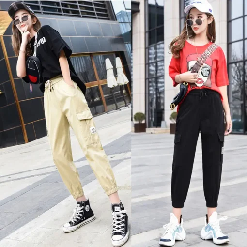 kf S50cc4b7e2cdb4a0fb65b97b8327ebdc79 Cropped Harem Trousers for Women High Waist Women s Summer Y2k Cargo Pants Hot Casual Black