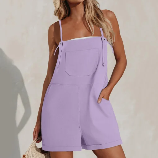 Women Jumpsuit Loose Style Overalls Boho Solid Color Square Collar Playsuits Sleeveless Rompers Summer Casual Clothes - Image 4