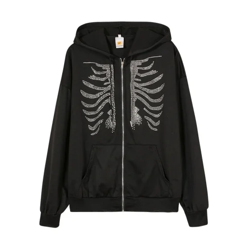 Women's Gothic Y2K Rhinestone Skeleton Zip-Up Hoodie | Oversized Harajuku Sweatshirt - Image 5