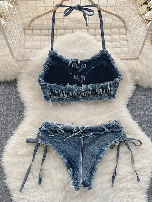 OIINAA Sexy Denim Bikini Set for Women – Lace-Up Drawstring Summer Beachwear, Vintage Two-Piece Swimsuit - Image 2