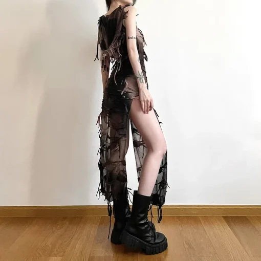 kf S51c985ef4f05484899fcdbd37f627f72e Tassel Vintage Gothic Hooded Midi Dresses Fairy Grunge Y2k Sexy High Split Dress Female Sleeveless Tie