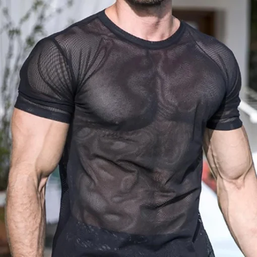 kf S525521aee3474f7aa04f291fa142835br Personality Perspective Solid Color T Shirt Mens Mesh Clubwear Clothing Fashion Male Sexy See Through Undershirt