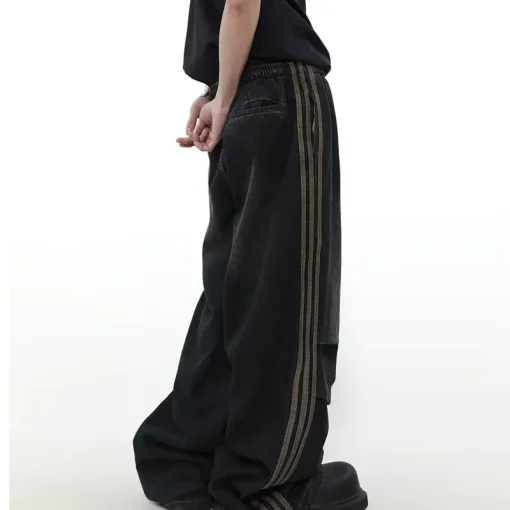 2024 Y2K Fashion Elastic Waist Striped Pleated Baggy Jeans for Men – Washed Black Wide Leg Trousers - Image 2