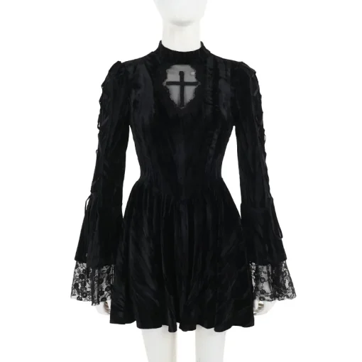 kf S54f9fd3a7c614e669393bee9055542b7f Mall Goth Fairycore Gothic Dress Women Aesthetic Lace Patchwork Flare Sleeve High Waist Dress Halloween Dark