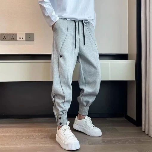 2023 Brand Men's Casual Sports Pants Fashion Bind feet Button Outdoors Men Elastic Zipper Bunched Foot Trousers - Image 3