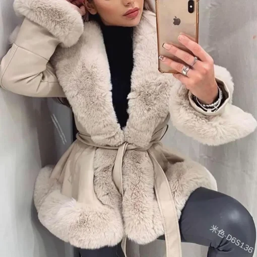 kf S55ed1d356cbb476ba1c3517b7c772dd6E Fashion Women Leather Open Front Jacket Coats Casual Contrast Color Plush Collar Warm Cardigan with Belt