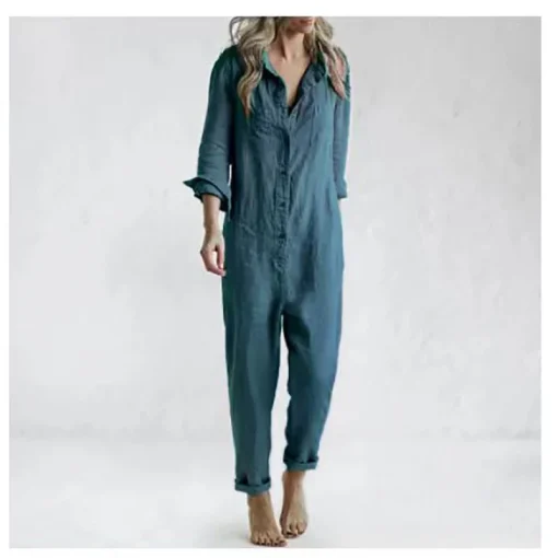 Vintage Cotton Linen Button-Up Jumpsuit – Women’s Long-Sleeve Overalls with Pockets - Image 2