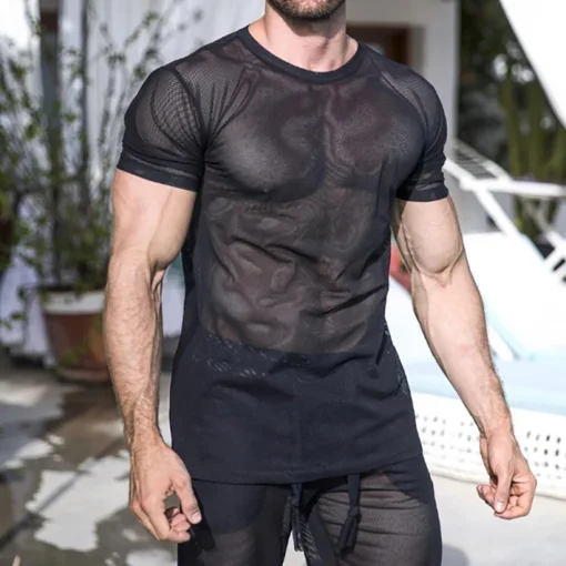 kf S57953e840c3543a3b4649739abf69144K Personality Perspective Solid Color T Shirt Mens Mesh Clubwear Clothing Fashion Male Sexy See Through Undershirt