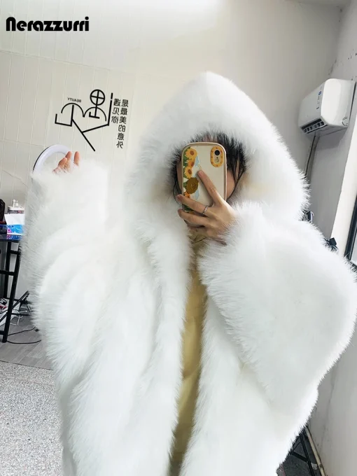 Nerazzurri Autumn Winter Oversized Faux Fur Coat | White & Black Shaggy Warm Jacket with Hood | Casual Loose Fluffy Outerwear for Women 2023 - Image 2