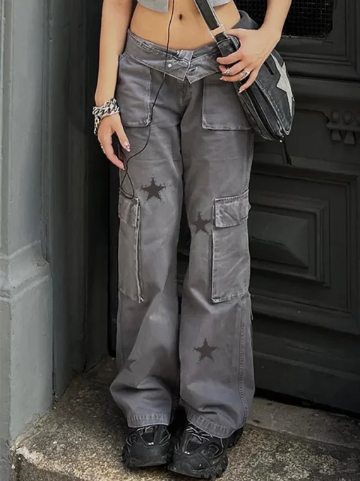 Women Denim Straight Pants Y2K Aesthetic Hip Hop Punk