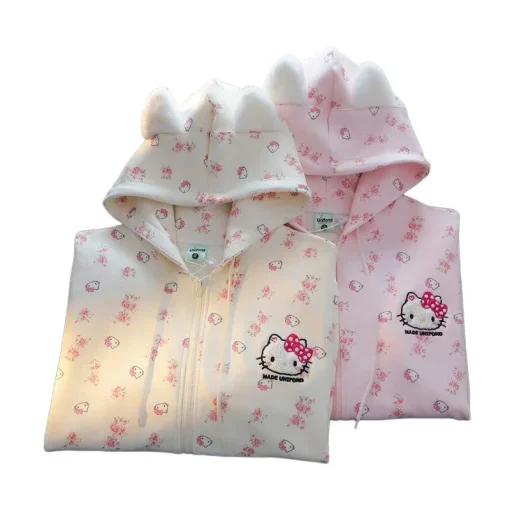 Sanrio Hello Kitty Heavyweight Cotton Cardigan Hoodie – 2024 Spring/Fall Floral Loose Sweater Jacket for Women - Image 6