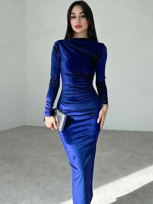 Velvet Long Sleeve Ruched Midi Dress – Spring/Summer 2024 - Image 4