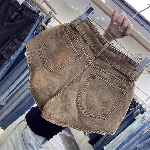 Retro Brown High-Waist Denim Shorts for Women | Personalized Patchwork Wide Leg Hot Pants | Summer 2025 Fashion - Image 3