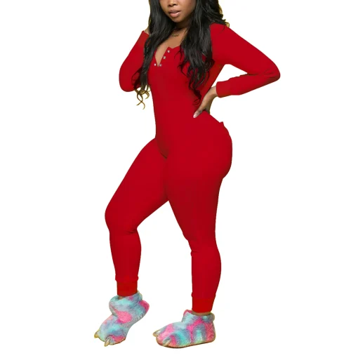 Women’s Sexy Bodycon Jumpsuit – High-Waist Long Sleeve V-Neck Stretch Full-Length Romper