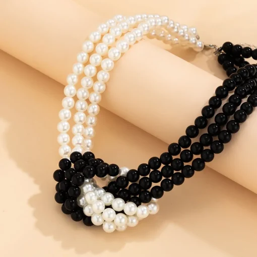 kf S5ade3506405644339d0ad743cd79bba8X Fashion Black White Imitation Pearl Patchwork Chain Necklace For Women Female Vintage Sexy Multilevel Bead French