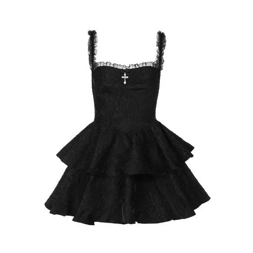 kf S5af0e9d7314e4ad08cc14501fab79981c Gothic Jacquard Double Cake Suspender Dress Women Vintage Lace Trim Backless A Line Mini Dress