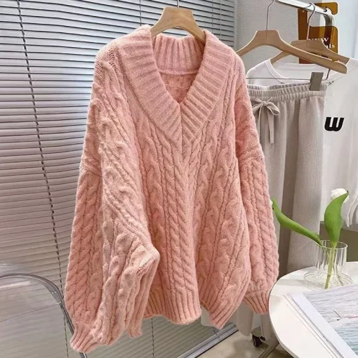 Korean Fashion V-Neck Knitted Sweater for Women | Casual Loose Long Sleeve Pullover for Autumn/Winter - Image 5