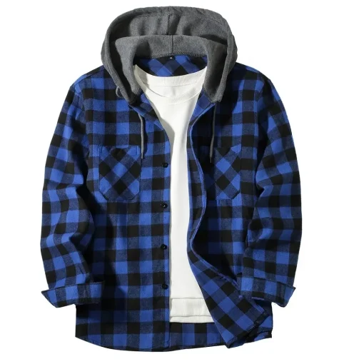 kf S5b96c76c7f7c4f6d86045df238877fd3f Men s Shirts Classic Plaid Casual Button Down Hooded Long Sleeved Double Pockets Shirt Hoodie Flannel