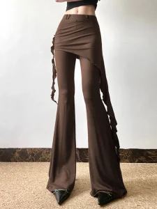 Casual Slim Folds Tie Flower Ruffles Flare Pants Casual Sexy Solid Mid-Waisted Wide Leg Pants Women 2024 Summer Fashion