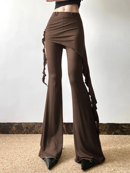 kf S5c2bc7f5a03741c6957ef40e815077a0N Casual Slim Folds Tie Flower Ruffles Flare Pants Casual Sexy Solid Mid Waisted Wide Leg Pants