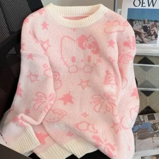 Kawaii Hello Kitty Sweater – Student Jacket, Autumn & Winter Mid-Length Loose Knit Cardigan with Jacquard Design - Image 4