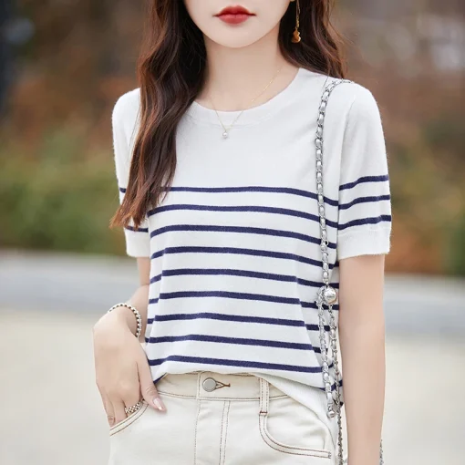 kf S5de47e6a18be4147b39480cd48e90c35K Women s 100 Merino wool top round neck O neck striped sweater short sleeve T shirt