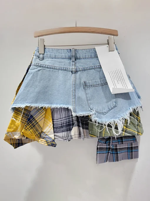 DEAT Women's Denim Skirt Colored Plaid Patchwork Irregular Deconstructed A-line High Waist Mini Skirt 2024 Autumn New Fashion - Image 3