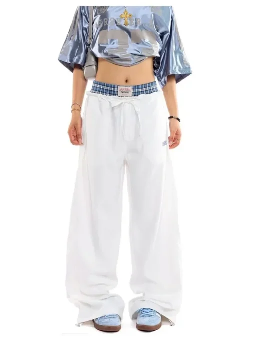 HOUZHOU Y2K Women’s Vintage Cargo Pants – Harajuku Streetwear, Wide Leg Patchwork Joggers, Retro Plaid Aesthetic Trousers - Image 4