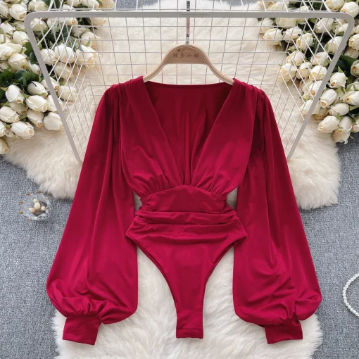 kf S614179a704b648cba909b7dc845b2e73O Elegant Deep V Neck Women s Bodysuits Solid Color Spring Summer Long Lantern Sleeve High Waist