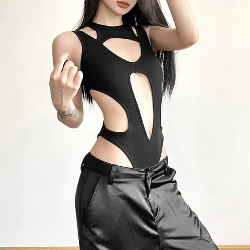 kf S61d40788b07748d1ad15264a5eba30f9L Mall Gothic Hollow Out Sexy Bodysuits Techwear Fashion Y2k Patchwork Tops Women Grunge Backless High Cut