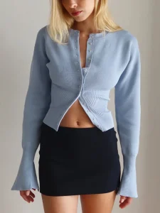 Tossy Autumn Fashion Knit Cardigan Top – Women’s Ribbed Patchwork Slim-Fit Casual Cropped Knit Cardigan Outerwear