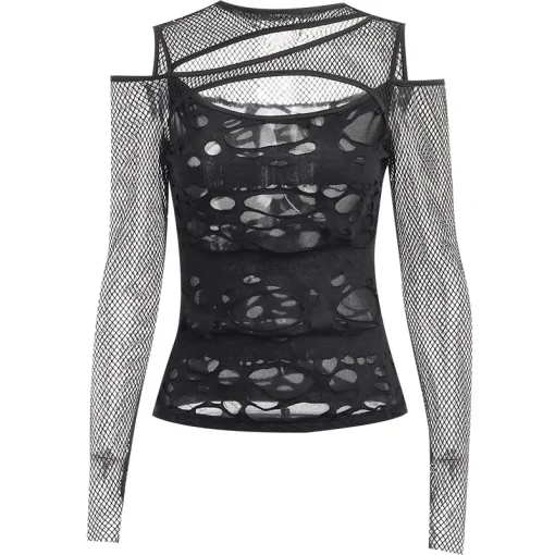 kf S625705cd0551460aa93a4d9e386c2313E Gothic Mesh Hole Long Sleeve T Shirts Women s Mock Neck Slim Fit Fishnet Sheer Blouse