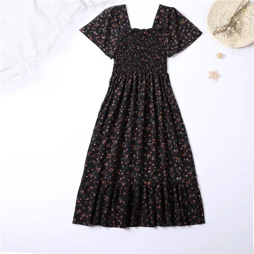 Spring Summer Chiffon Dress for Women - Floral Midi Dress with Short Butterfly Sleeves, Elastic Waist, Pleated Backless Casual Dress - Image 3