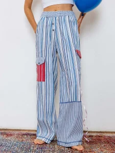 Women Harajuku Striped Pants Elastic Waist Casual Pants Loose