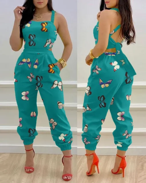 Elegant Sexy Women's Suspender Printed Jumpsuit – High-Waist Casual Romper with Lace-Up Detail - Image 2