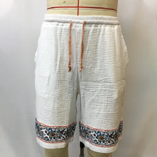 Men's Casual Shorts Summ Vintage Printing Linen Shorts Drawstring - Image 3