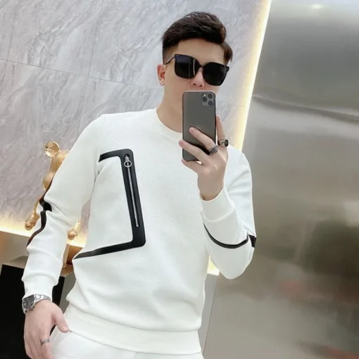 Men's White Pullover Sweatshirt - Slim Fit, Patchwork Design - Image 4