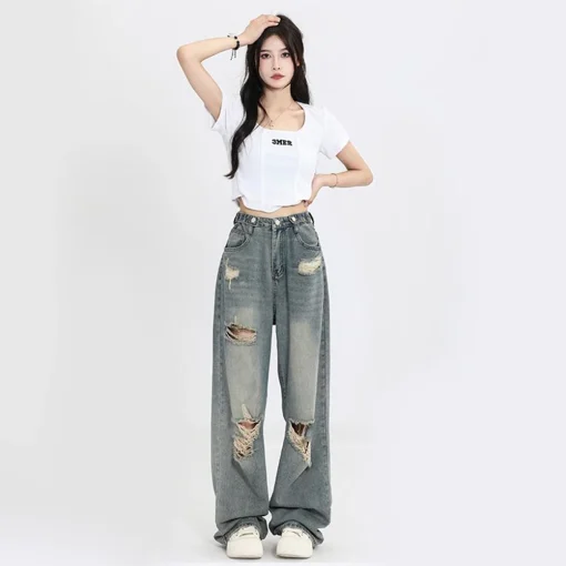 Women's Retro Y2K Wide Leg High-Waist Straight Jeans - Loose Slimming Street Style Denim Pants - Image 2