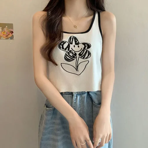 kf S66005f30bf5b4b3aa2ce43c5044c3b64P Summer Clothes 2024 Women s Sleeveless Vest Embroidery Floral Tank Tops Korean Casual Cute Crop Top