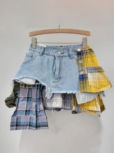 DEAT Women’s Denim Skirt Colored Plaid Patchwork Irregular Deconstructed A-line High Waist Mini Skirt 2024 Autumn New Fashion