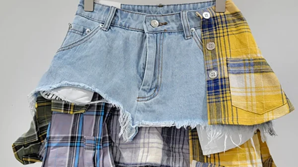 kf S6685ac45c0504dee8356b25b1e049303O DEAT Women s Denim Skirt Colored Plaid Patchwork Irregular Deconstructed A line High Waist Mini Skirt